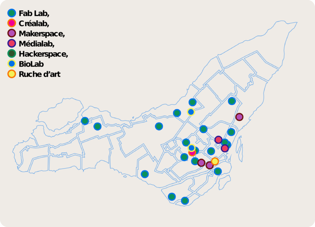 Carte des Fab Labs de la région de Montréal