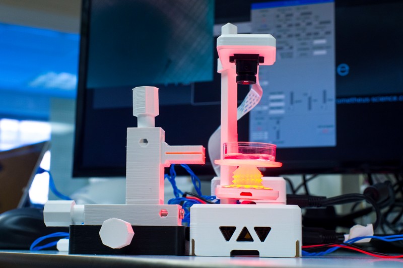 DIY hardware, such as this 3D-printed fluorescence microscope, is bringing cutting-edge research and diagnostics to resource-limited areas.Credit: Stuart Robinson/Univ. Sussex