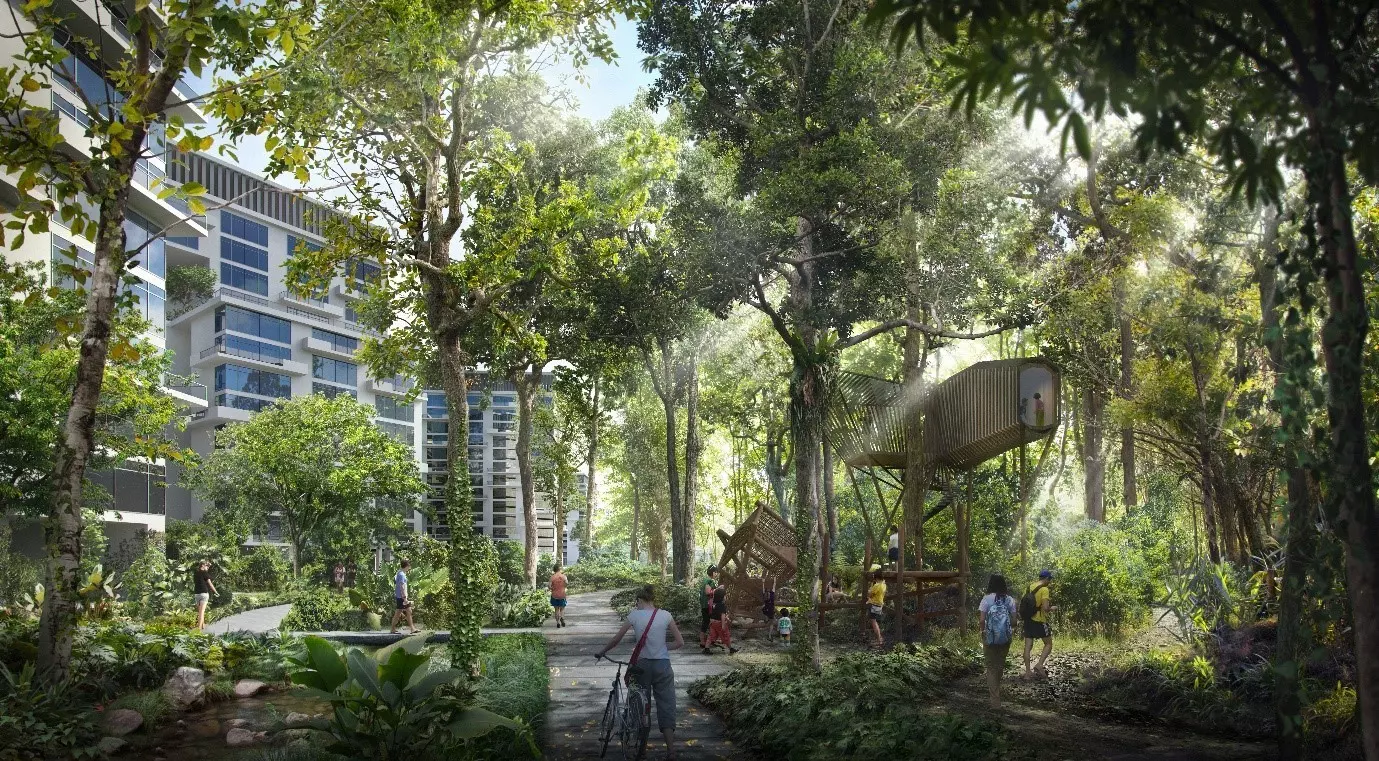 The Tengah Town development in Singapore is surrounded by lush landscaping and a forest corridor, creating nature-centric neighbourhoods