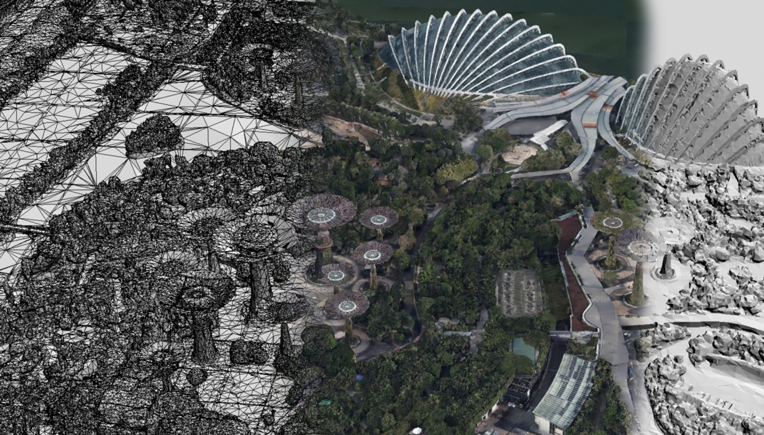 A 3-D “reality mesh” of Singapore’s national garden, Gardens by the Bay, enables the mapping team to capture the shape and other attributes of vegetation. Courtesy of Singapore Land Authority